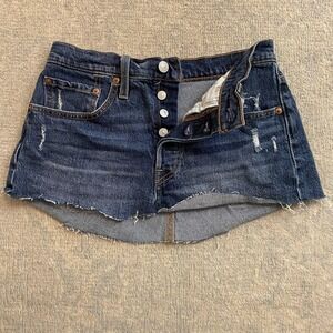 Levis 501 Denim Skirt Womens W26 Blue Distressed Button Fly Raw Hem Cutoff Mini